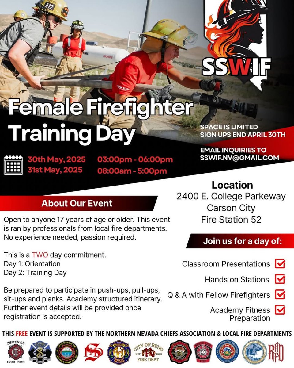 Sparks Fire Dept (@sparksfiredept) on Twitter photo We are excited to be part of the Silver State Women in Fire Training Day again this year! Please help us spread the word about this great opportunity for women 17 years + to learn all about the fire service. Space is limited, so email SSWIF.NV@gmail.com to sign up today! We are excited to be part of the Silver State Women in Fire Training Day again this year! Please help us spread the word about this great opportunity for women 17 years + to learn all about the fire service. Space is limited, so email SSWIF.NV@gmail.com to sign up today!