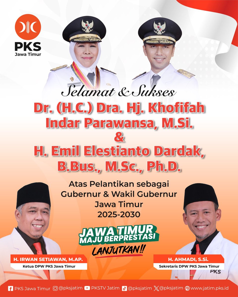 Selamat dan Sukses Atas Pelantikan 
Gubernur dan Wakil Gubernur 
Provinsi Jawa Timur

Ibu  Khofifah Indar Parawansa - Bpk. Emil Elestianto

H. Irwan Setiawan 
Ketua DPW PKS Jawa Timur 

#pelantikangubernurjawatimur #KhofifahIndarParawansaEmilElestianto

instagram.com/p/DGUE7FzB4jp/…