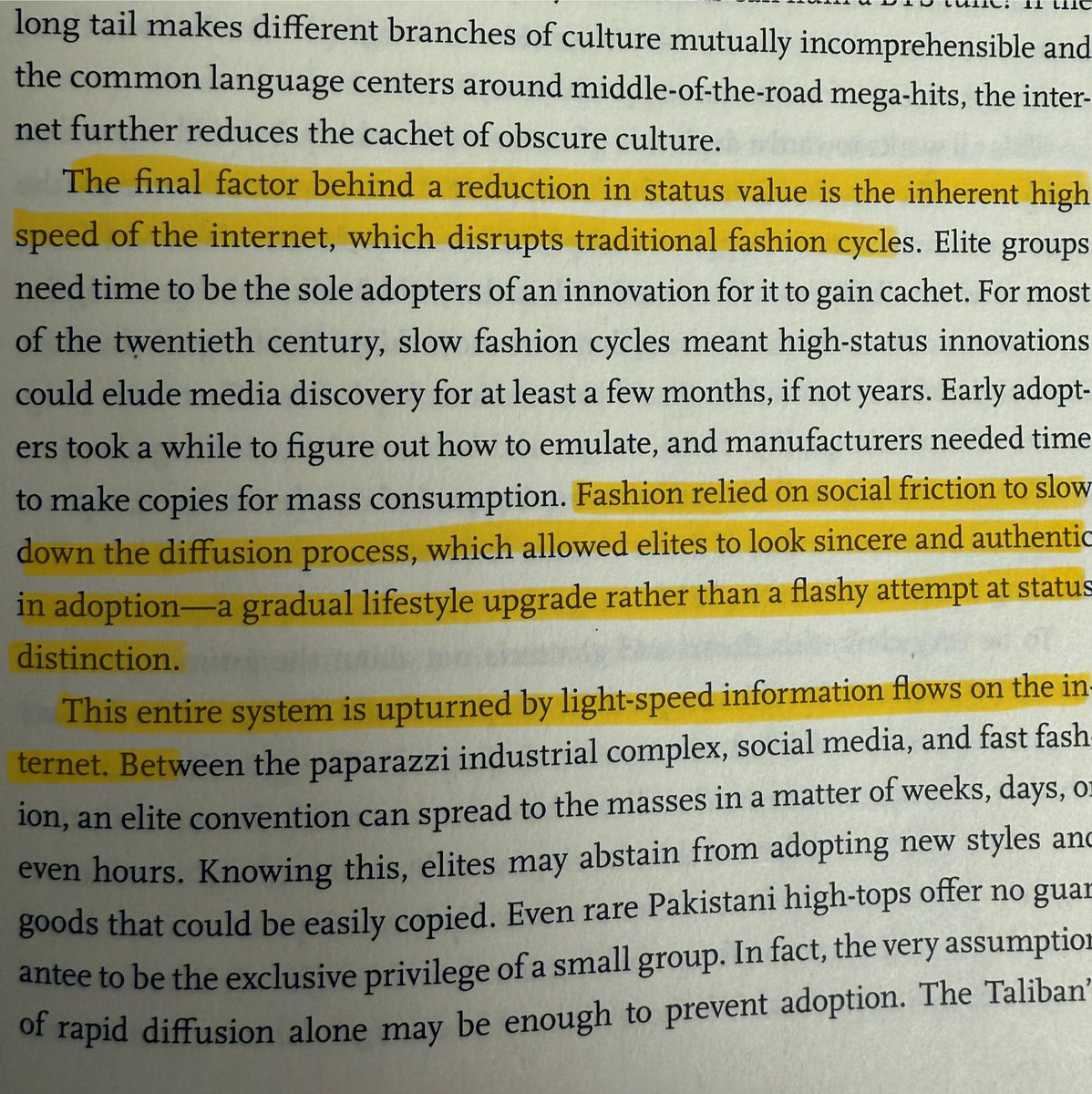 "Elite groups need time to be the sole adopters of an innovation for it to gain cachet... Fashion relied on social friction to slow down the diffusion process... This entire system is upended by light-speed information flows on the internet."
amzn.to/3Cabeyd