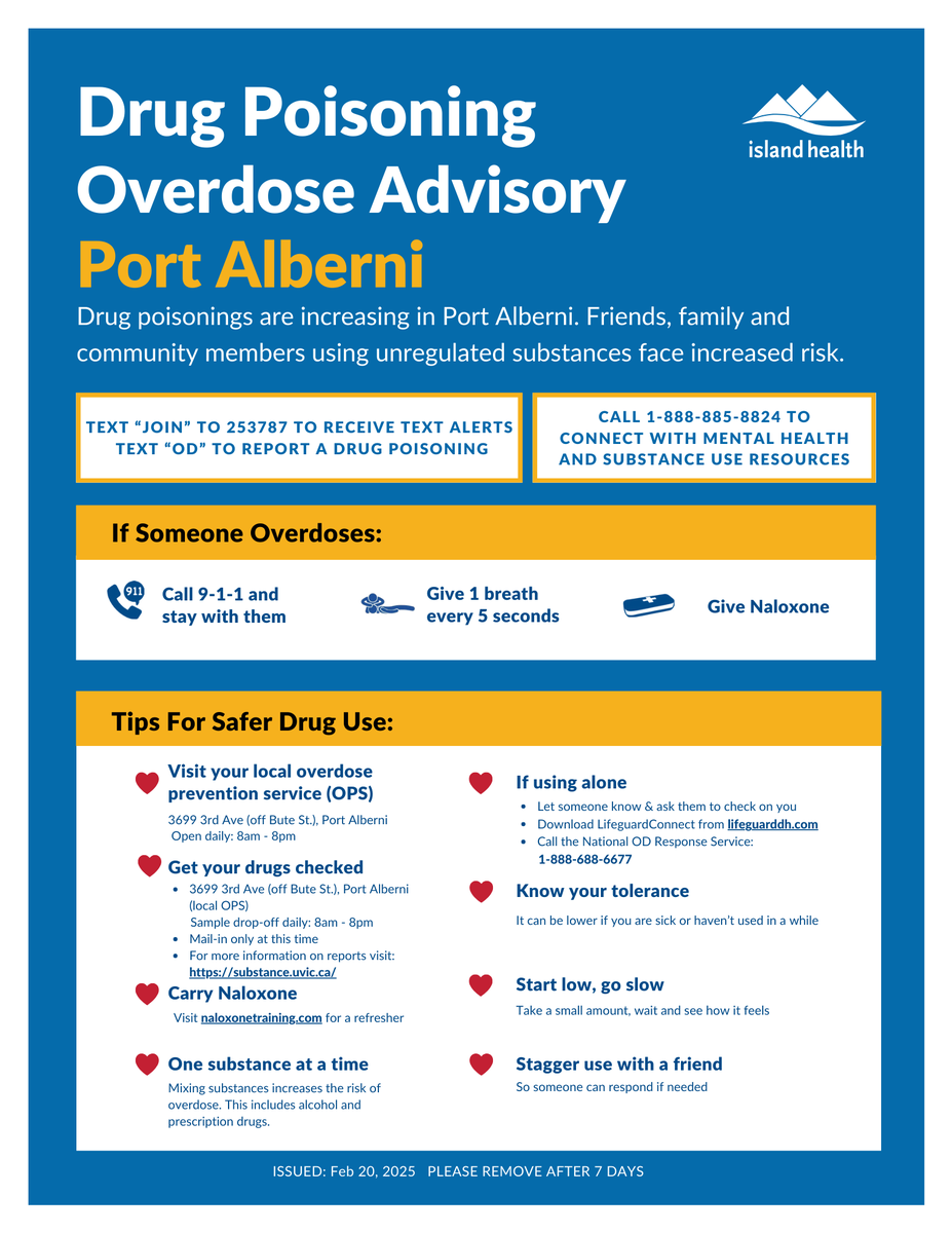 PLEASE SHARE: A Drug Poisoning/Overdose Advisory has been issued for #PortAlberni  - Visit Island Health's Harm Reduction Services page at ow.ly/FgyS50PLkLF to find information on supervised consumption sites, drug-checking services &amp; more.