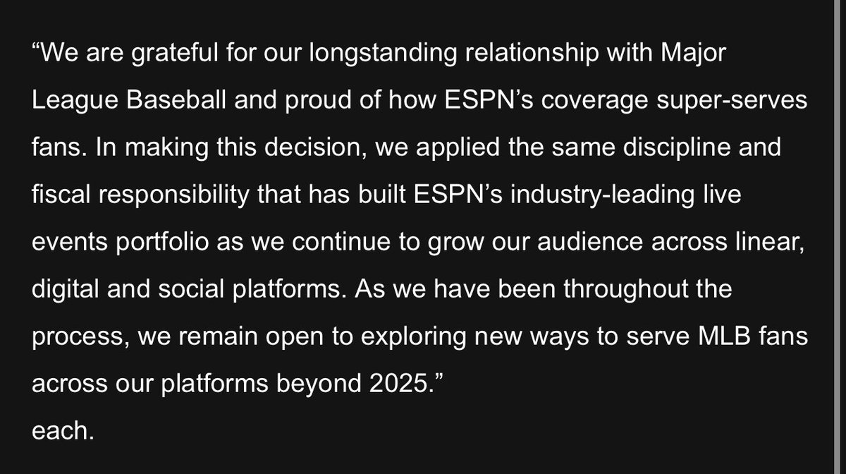As expected, ESPN officially opts out of its media deal with MLB after the 2025 season. 

Full statement: