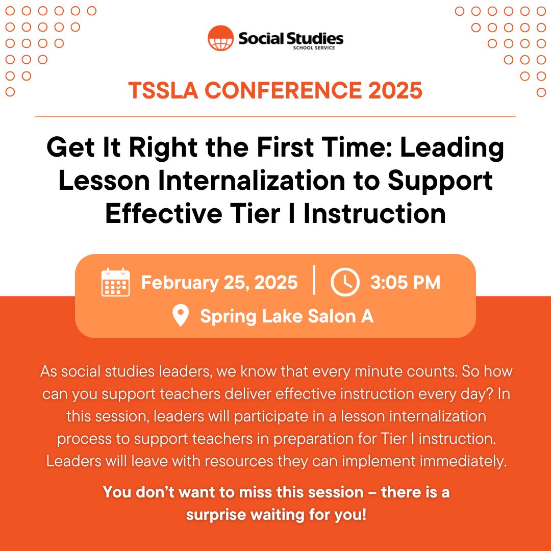 We’re bringing “Get It Right the First Time” to TSSLA—helping leaders master lesson internalization for stronger Tier I instruction. We hope to see you there! #TSSLA2025 #GameChanger #SocialStudiesLeadership #PartnerwithaPURPOSE