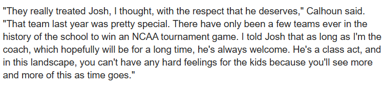 Here's Calhoun on Josh Uduje from last night