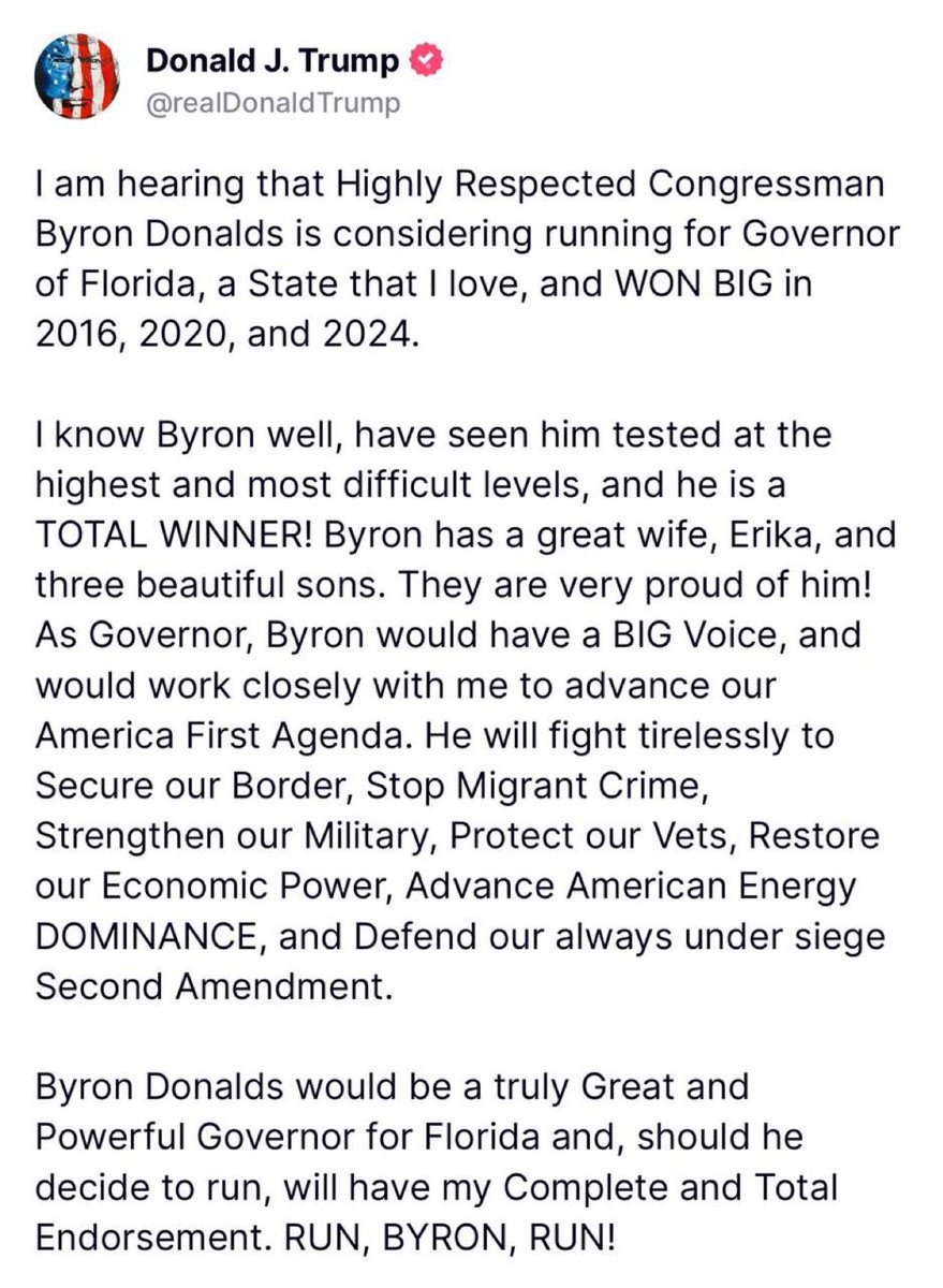 charliekirk11's tweet photo. President Trump just endorsed Byron Donalds for Governor of Florida.

Massive. Game over. https://t.co/pNiSXld1Ds