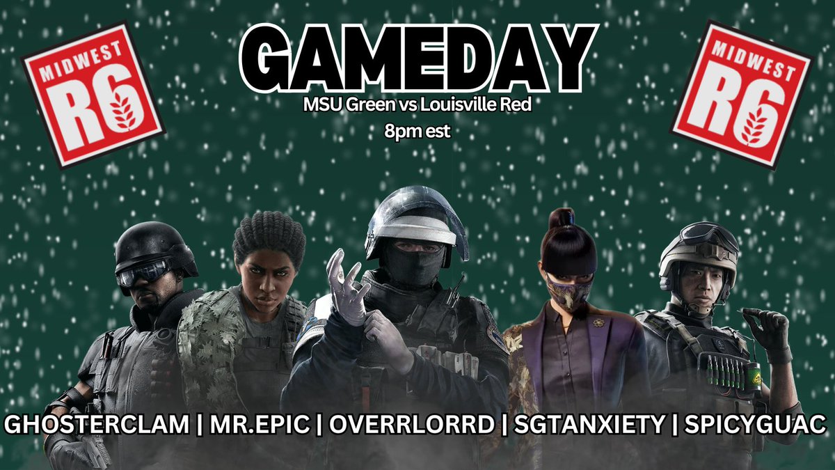 MSUR6S's tweet image. Did you miss us?
We're back this week with our third game of the season! Currently 2-0 in MidwestR6, we're looking for our third victory tonight so tune in and show support!
๐GO GREEN ๐ค
๐MSU vs UofL Red
โฐ8pm est
๐บtwitch.tv/sgtanxiety
