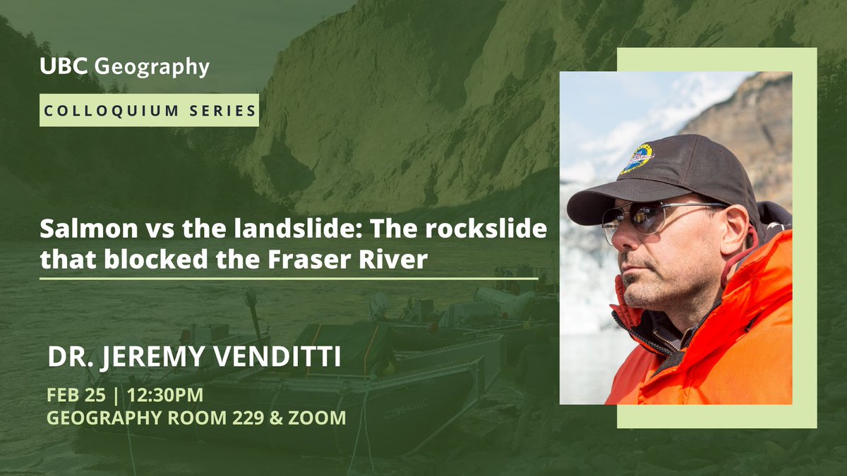 UBC Geography (also at @ubcgeography.bsky.social) (@ubcgeog) on Twitter photo Join us next week for Dr. Jeremy Venditti's talk “Salmon vs the landslide: The rockslide that blocked the Fraser River”. Dr. Venditti joins us from the School of Environmental Science at SFU (<a href="/SFUEVSC/">SFU School of Environmental Science</a>).
Feb. 25th, 12:30-2pm
Geog 229 & Zoom
More info: bit.ly/JeremyVenditti Join us next week for Dr. Jeremy Venditti's talk “Salmon vs the landslide: The rockslide that blocked the Fraser River”. Dr. Venditti joins us from the School of Environmental Science at SFU (<a href="/SFUEVSC/">SFU School of Environmental Science</a>).
Feb. 25th, 12:30-2pm
Geog 229 & Zoom
More info: bit.ly/JeremyVenditti
