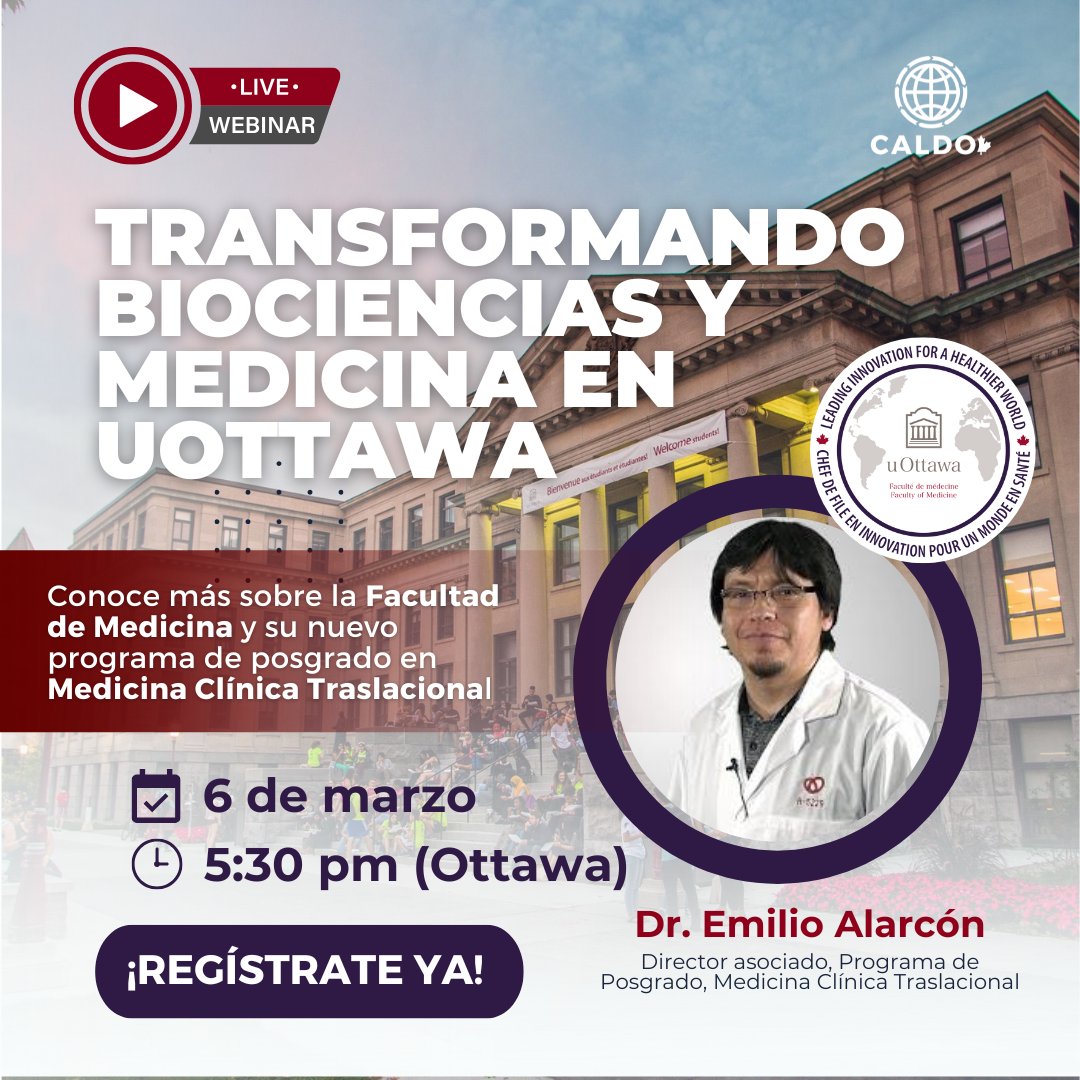CPInst_ipn's tweet photo. ¡Explora la investigación médica en Canadá con la UOttawa y prepárate para abordar los desafíos clínicos del mundo!

📅 6 de marzo ⏰ 5:30 p.m. (Hora Ottawa)
🔗 Regístrate: https://t.co/VmCg952KmW https://t.co/vi64uLLKnE