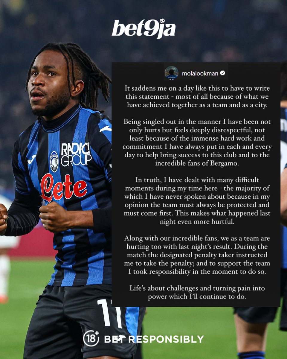 Austinethinkes1's tweet photo. Dear Ademola Lookman , you gave your very best to Atalanta and brought them to the enviable heights they currently enjoy today. 

Great football genius like Cristiano Ronaldo , Lionel Messi and several other great stars had at one point or the other, missed crucial penalties. https://t.co/CMtzehO9XP
