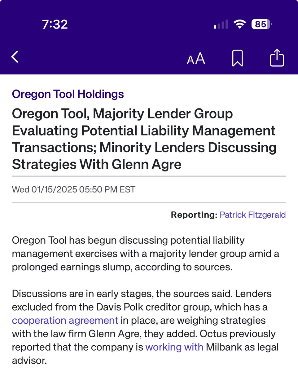 Platinum Equity-backed Oregon Tool announced an LME today, where the company received $156m in new money and kicked out maturities to Q4 ‘29. I reported over a month ago for <a href="/OctusCredit/">Octus</a> that the company was  discussing LME options with a majority creditor group, citing sources.