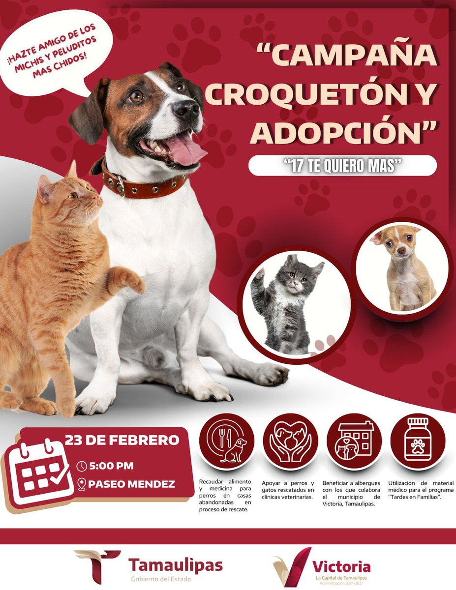 ¡Únete al Croquetón y la Campaña de Adopción! 🐱🐶

Este domingo 23 de febrero te esperamos en el Paseo Méndez. ¡Ven con tu familia y amigos, juntos podemos cambiar vidas ¡No faltes! 💕🐕🐈

#Croquetón #AdoptaNoCompres #AmorPeludo #VictoriaConElCorazón #COMUPA #VictoriaAvanza