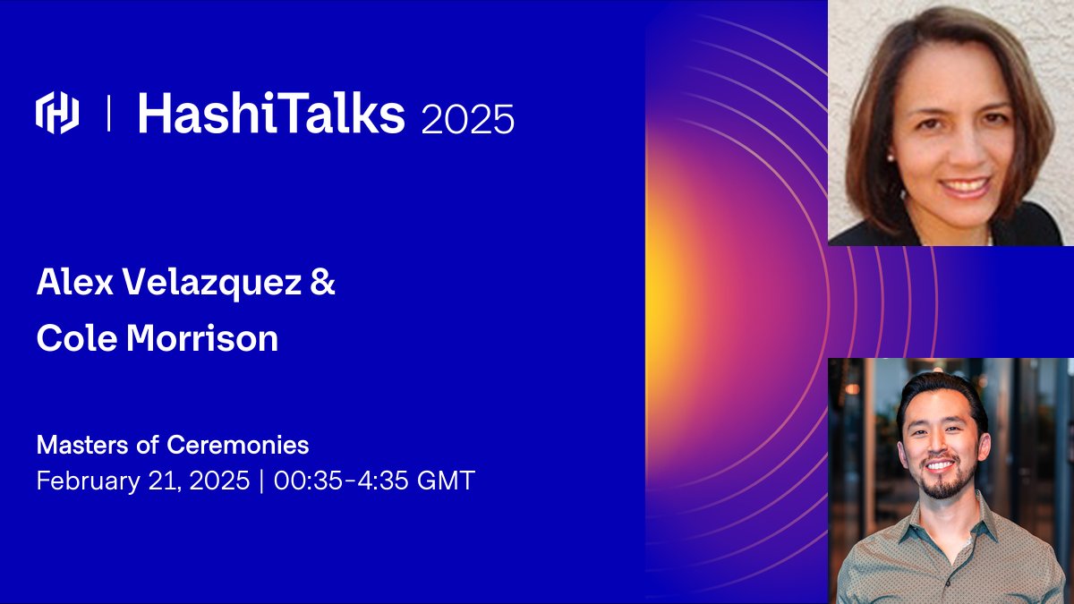HashiCorp's tweet image. #HashiTalks 2025 has just passed the half way mark of the 24-hour stream, but we have no intention plans of slowing down just yet.
Meet the next set of Emcees @alexisworking & @JColeMorrison along with our friends providing ASL interpretation at @convorelay
Tune in live at:…