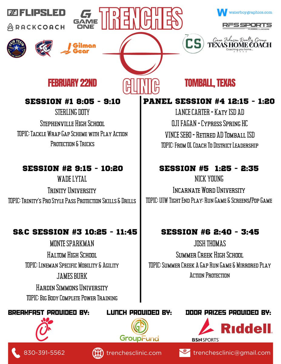💥TOMORROW IS THE DAY💥 

Trenches O-Line Clinic
📍Tomball, Texas
💰$35 Pre Register/$50 At Door
👊9 Elite Speakers &amp; Free Food
 ®️trenchesclinic.com 
➡️Still time to get signed up!

<a href="/THSCAcoaches/">THSCA</a> <a href="/ghfcahouston/">GHFCA Houston</a> <a href="/TheLHSCA/">LHSCA</a>  <a href="/txhsfbchat/">#TXHSFBCHAT🏈</a>