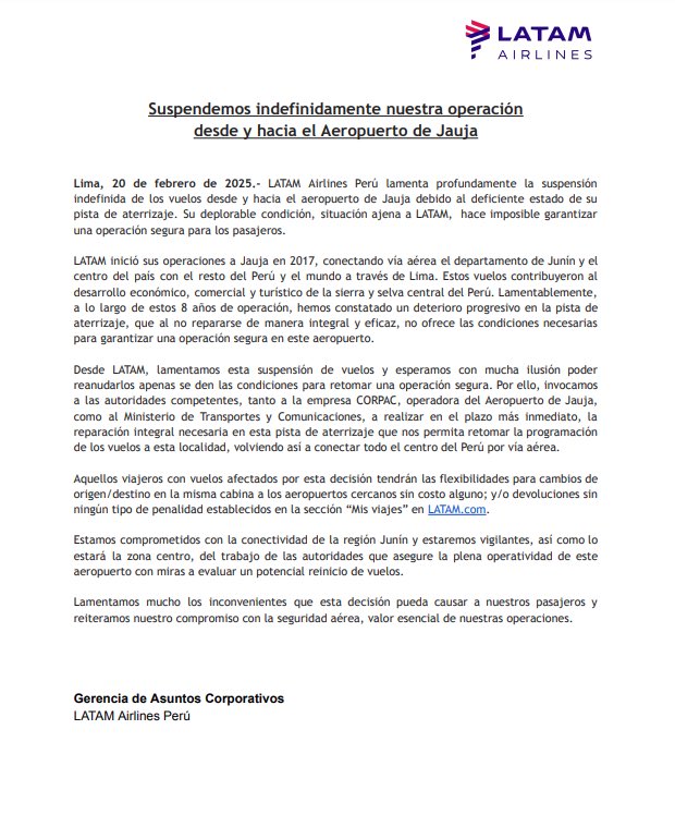 RodolfoPerezOpe's tweet photo. LATAM suspende sus operaciones a Jauja por el deplorable estado del aeropuerto.

Toda la región Junín perjudicada y aislada gracias a la pésima gestión aeroportuaria. 

Mientras tanto Dina y el Congreso siguen sosteniendo como sea al desastroso Ministro de Transportes. https://t.co/WDBnA4h2N1