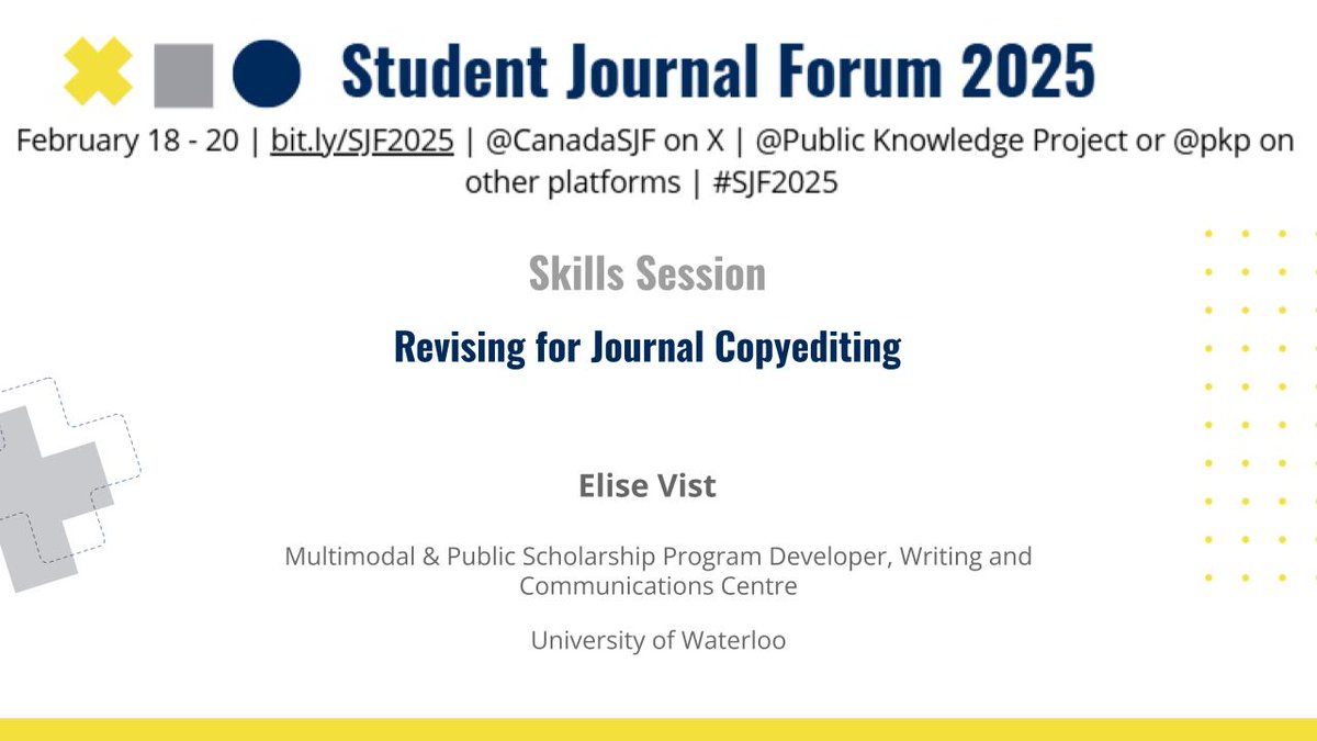 Thank you Elise Vist, Multimodal &amp; Public Scholarship Program Developer at the Writing and Communications Centre, University of Waterloo, for the #SJF2025 Skills Session, "Revising for Journal Copyediting"!

<a href="/UWaterloo/">University of Waterloo</a> <a href="/UWLibrary/">UWaterloo Library</a>