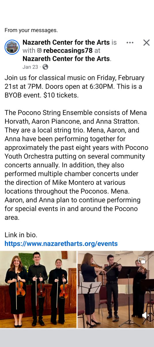 Nazareth Community if you are looking for some entertainment this weekend, Check out this String Trio at the Nazareth Arts Center!
