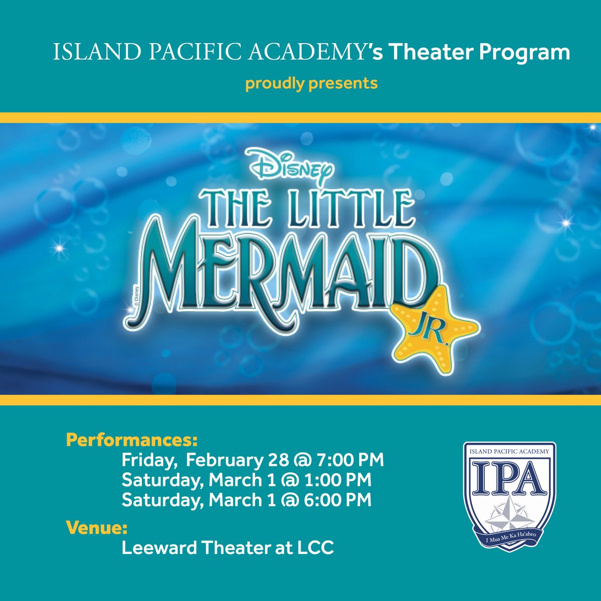 Dive under the sea with us for The Little Mermaid Jr. — a whimsical, splash-tastic adventure! 🐠 For only the second time ever, our students are performing on the big stage at Leeward Theater!

Don't miss out on this fin-tastic show—grab your tickets! ➡️ ipa.booktix.com