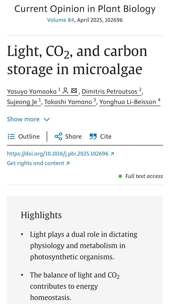 Yasuyo Yamaoka (@yas_yoo) on Twitter photo Our new review in Current Opinion in Plant Biology, written with <a href="/petroutsoslab/">Dimitris Petroutsos</a> , <a href="/algalccm/">Takashi Yamano</a> , and @YonghuaLiBeisson, is out! We discuss how light and CO₂ regulate carbon storage in microalgae and influence their metabolism and energy homeostasis.
sciencedirect.com/science/articl… Our new review in Current Opinion in Plant Biology, written with <a href="/petroutsoslab/">Dimitris Petroutsos</a> , <a href="/algalccm/">Takashi Yamano</a> , and @YonghuaLiBeisson, is out! We discuss how light and CO₂ regulate carbon storage in microalgae and influence their metabolism and energy homeostasis.
sciencedirect.com/science/articl…