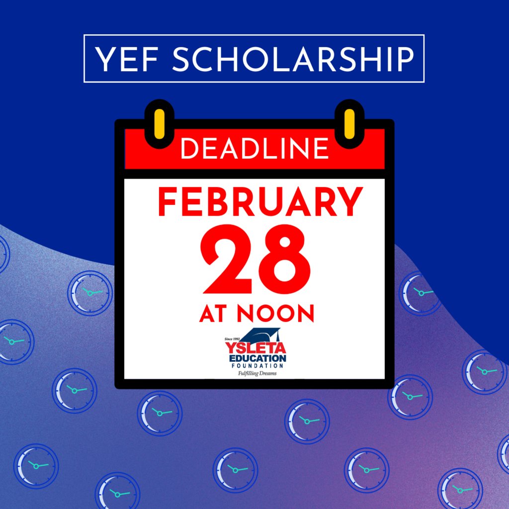 yef4education's tweet photo. 🚨Attention @YsletaISD seniors!🚨 Great news! The deadline to apply to the YEF scholarship has been extended to February 28 at noon 🗓️
🔗https://t.co/foWHorrddv
@YsletaHS @BelAirHigh @EastwoodHQ @DVHSYISD @phsmats @RangersGoCenter @JMHanksHigh @VVECHSYISD @Ysleta_YWLA https://t.co/oeyIWvdIAU