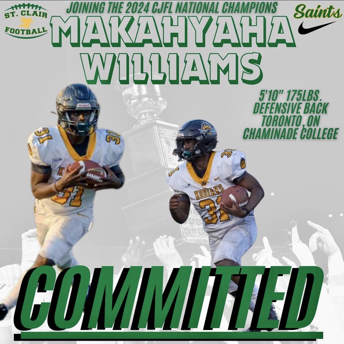 MChance519's tweet image. A pure multi dimensional athlete will be joining an impressive secondary at St Clair College.  Joining us from a great program at Chaminade College in Toronto we are excited to add Mak’s speed and athletic ability to the Defence.   Welcome to Saints Nation Makahyaha Williams!