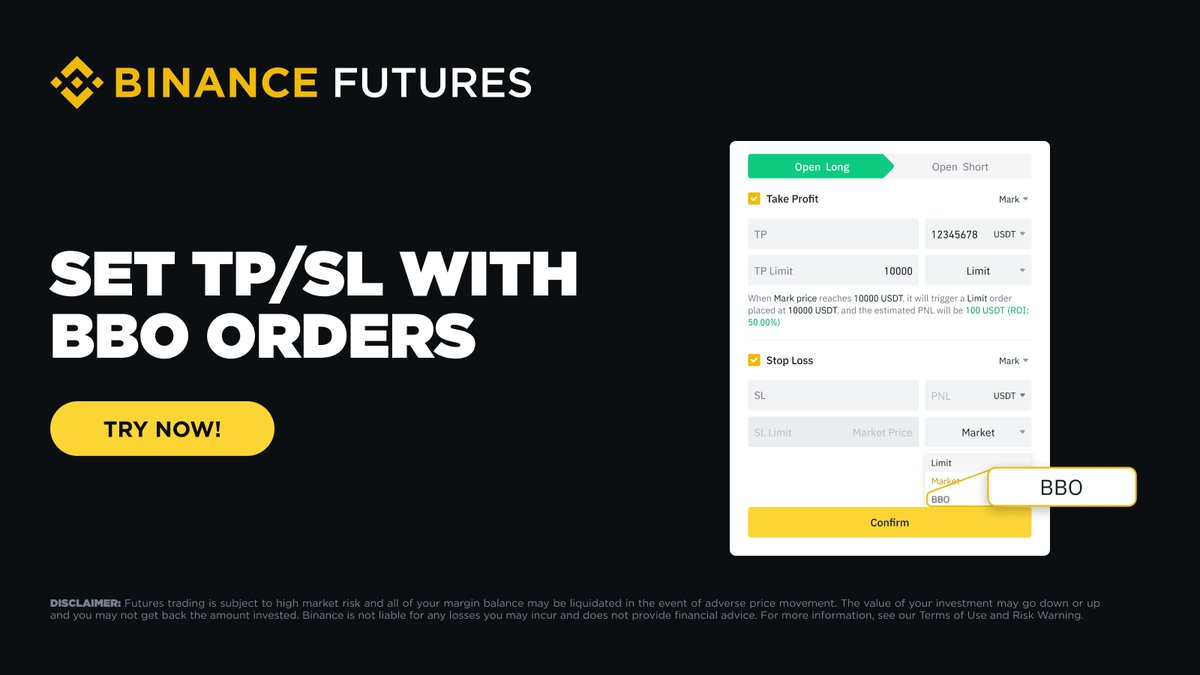 binance's tweet image. In addition to Market and Limit Orders, you can now set your position's TP/SL using BBO Orders, providing more diverse TP/SL options.

Try it now on the web 👉 binance.com/en/futures/BTC…