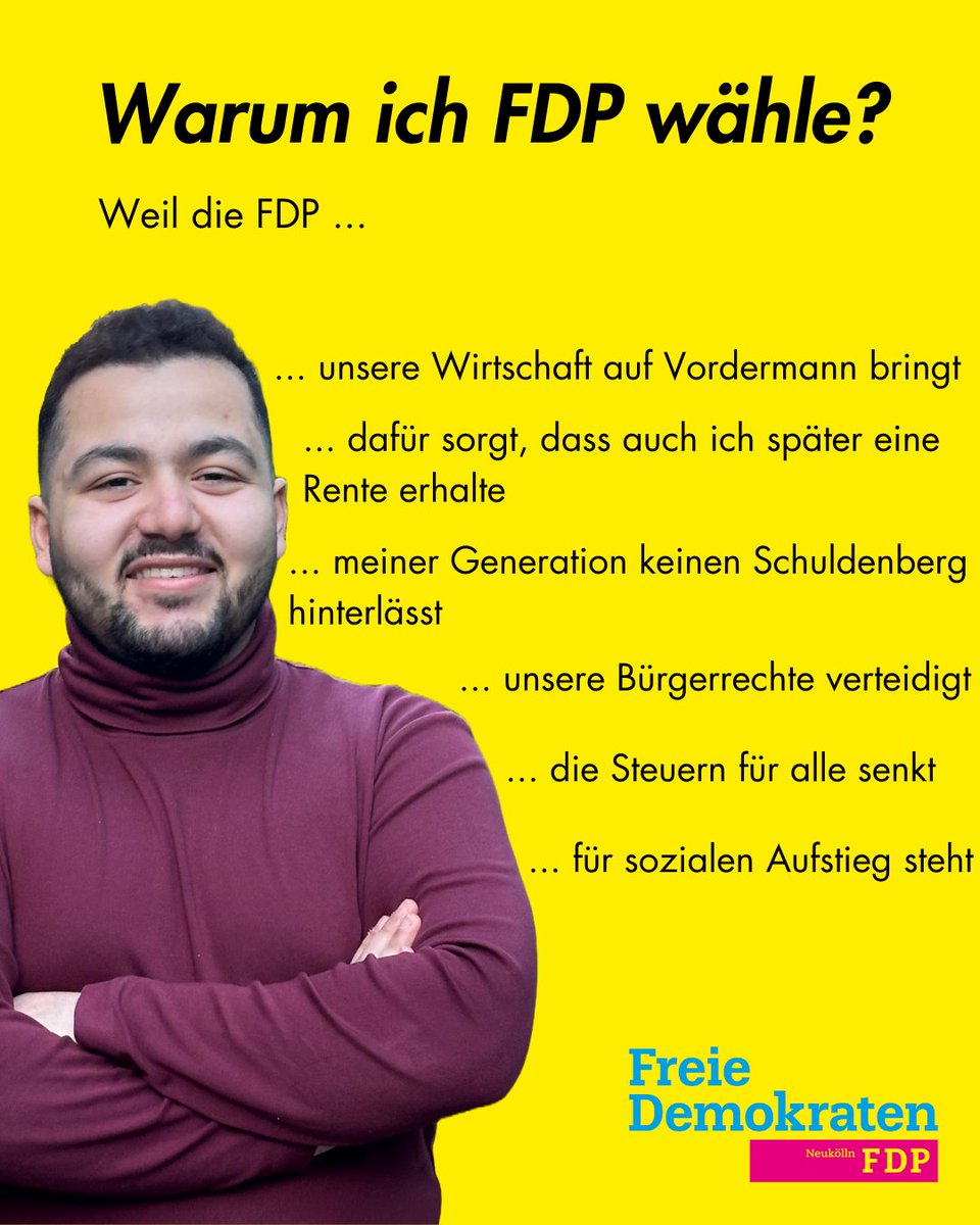 Weil es um  unsere Zukunft geht! Die FDP steht für eine starke Wirtschaft, ein  stabiles Rentensystem, weniger Schulden für kommende Generationen und  den Schutz unserer Bürgerrechte. Außerdem setzt sie sich für niedrigere  Steuern und echten sozialen Aufstieg ein.