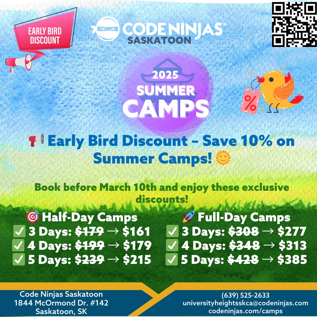 CodeSaskatoon's tweet image. 🚀 Early Bird Discount – Save 10% on Summer Camps! 🌞✨

🎉 Give your kids the ultimate summer experience with our 2025 Code Ninjas Summer Camps! From coding to game development and robotics, it&apos;s learning made FUN!

📅 Book before March 10th to... tinyurl.com/4uf6h8m5
📞