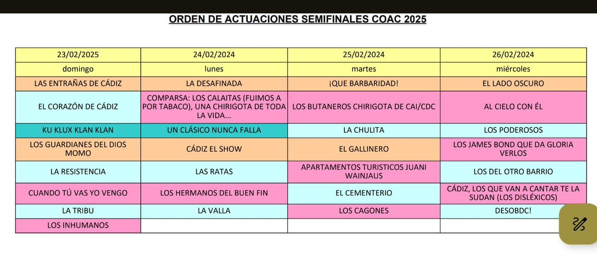 OndaCadizTV's tweet photo. ℹ️ El Jurado ha decidido esta noche las agrupaciones pesan a las semifinales del COAC 2025.
👉 Así queda el orden de actuación para esta nueva fase. 🎉
más info: https://t.co/SqRt5dn1Py https://t.co/F2fRx5zcVF