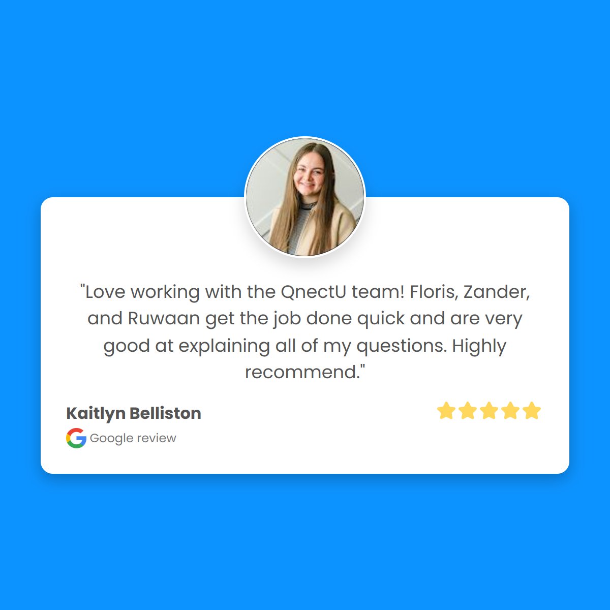 qnectu's tweet photo. Another 5 star review from an awesome qnectU client. Thank you Kaitlyn Belliston! https://t.co/lGCXaAH7uo