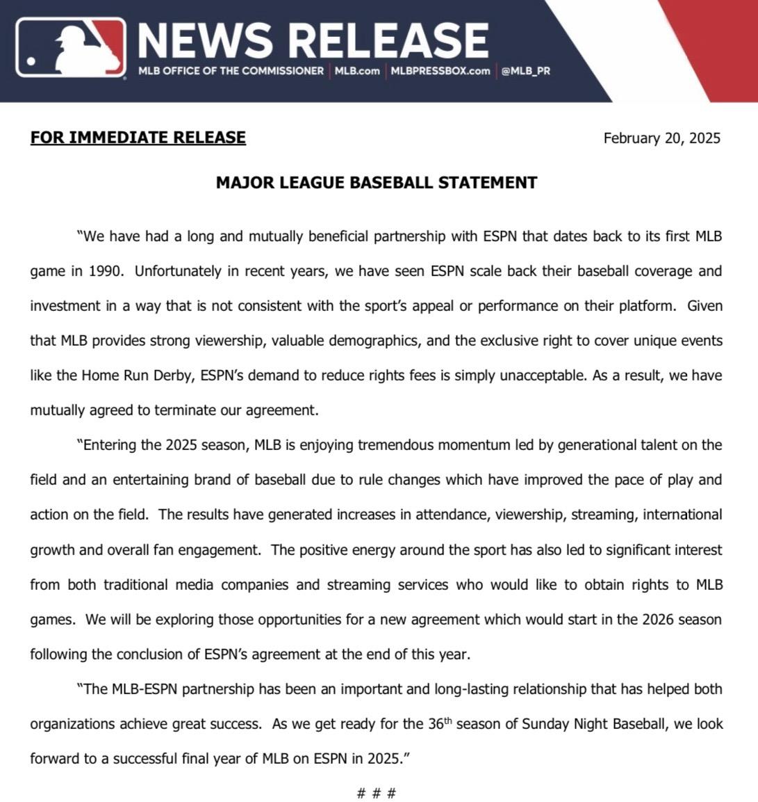 Major League Baseball issued the following statement this evening: