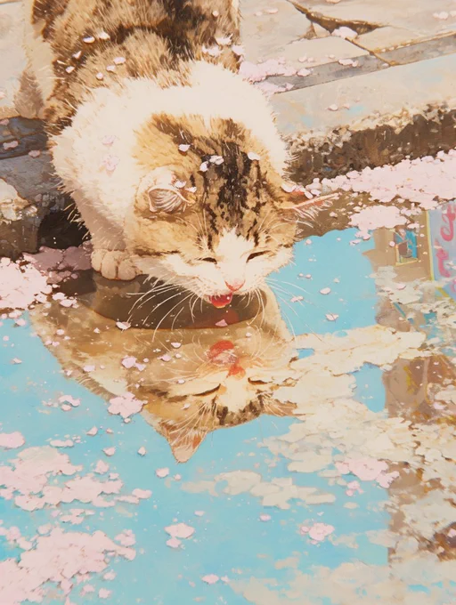 猫、桜舞う日の休息 