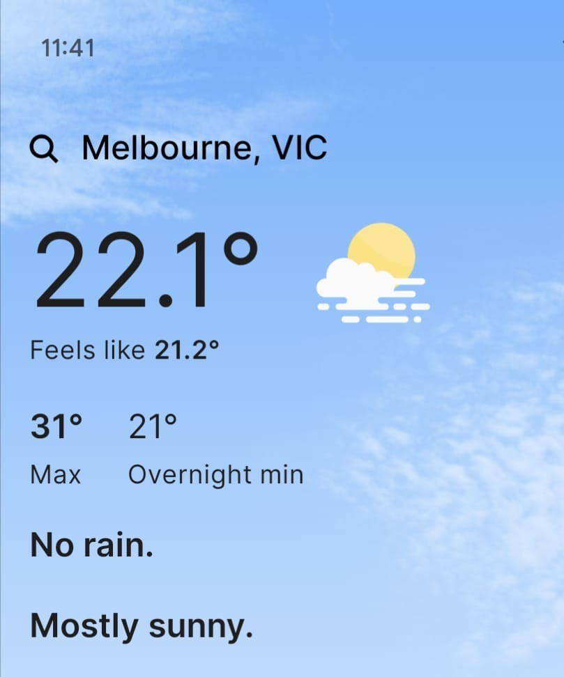 Melbourne Weather: 21 Feb 2025 - exactly one year until #vasculitis2026
Great weather here in Melbourne - crisp morning, 31 degrees this afternoon (88 for you in the US!) 😎, mid 20's into the evening
Look forward to hosting you this time next year! #VasculitisMelbourne2026