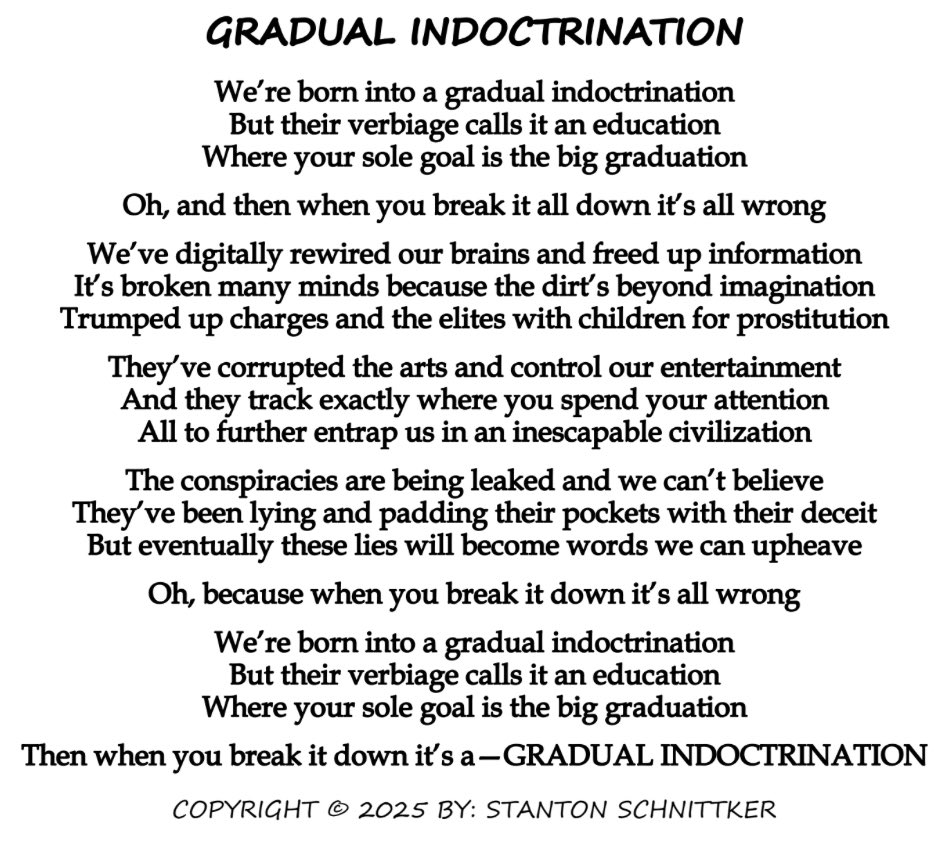 stanton_2o's tweet photo. GRADUAL INDOCTRINATION
DAILY POST #911

-
-
-

#gradual #indoctrination #school #nation #graduation #imagination #entertainment #attention #art #artist #writer #writing #author #poetry #poet #poets #poem #poems #fyp #fypシ #fypシviral #foryou #foryoupage #foryourpage https://t.co/HgyqQ1sf1N
