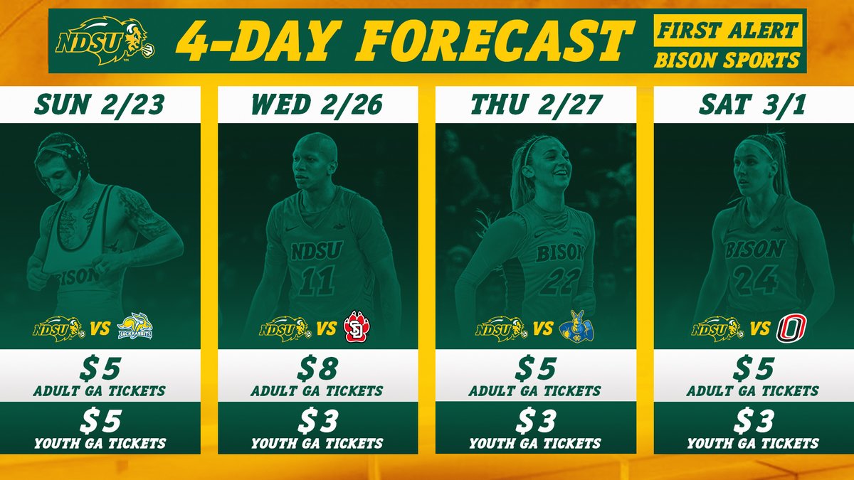 With warm weather moving in and temperatures on the rise, ticket prices are dropping! 

50% off general admission tickets for our final 4 events at the Scheels Center going on now until 8:00pm TONIGHT!

Visit GoBison.com/HeatWave to secure your seats!