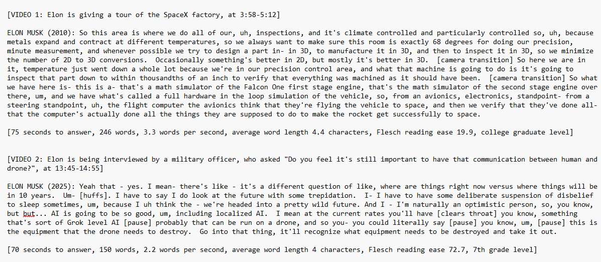 quantian1's tweet photo. I watched two interviews of Elon Musk, one from 2010 and one from 2025, and transcribed two answers of his as accurately as I could (including pauses, verbal tics, &amp;c).  The readability score of the old transcript is graduate-level; the new one is about the level of a 7th grader. https://t.co/MqxyA8b2Ac