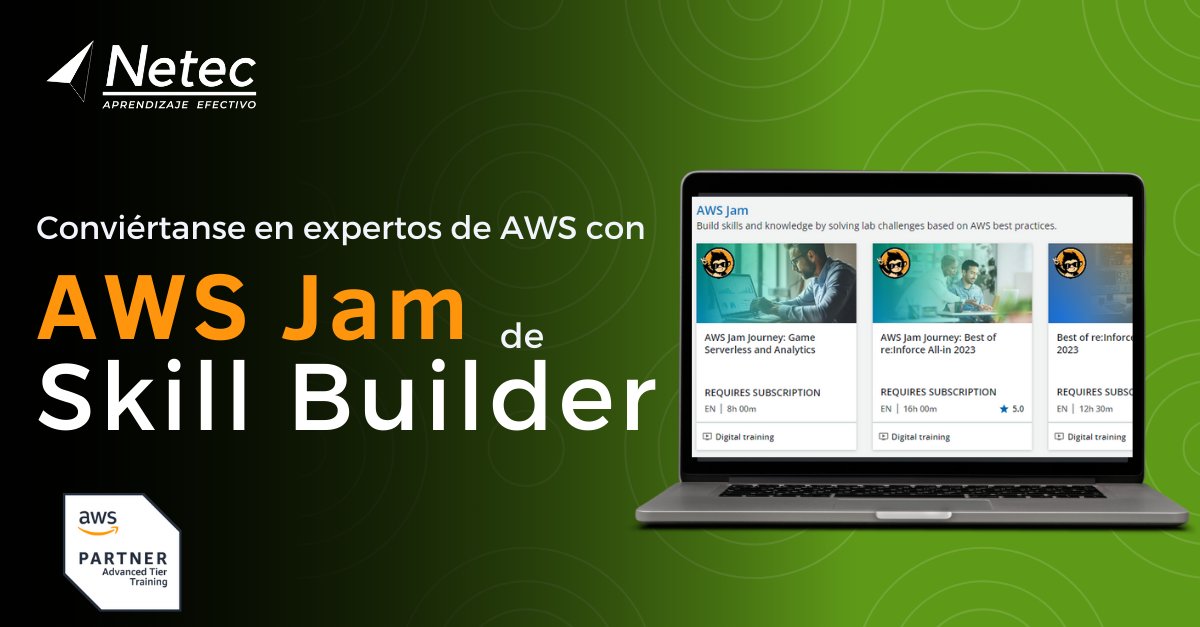 netec's tweet image. ¡Dominen #AWS con #SkillBuilder y descubran un mundo de posibilidades infinitas en la nube! ☁️💻
Conviértanse en expertos con #AWSJam: Solución que les dará la oportunidad de desafiar a sus compañeros a aplicar sus habilidades en la nube de AWS👉 hubs.la/Q036HwZ_0