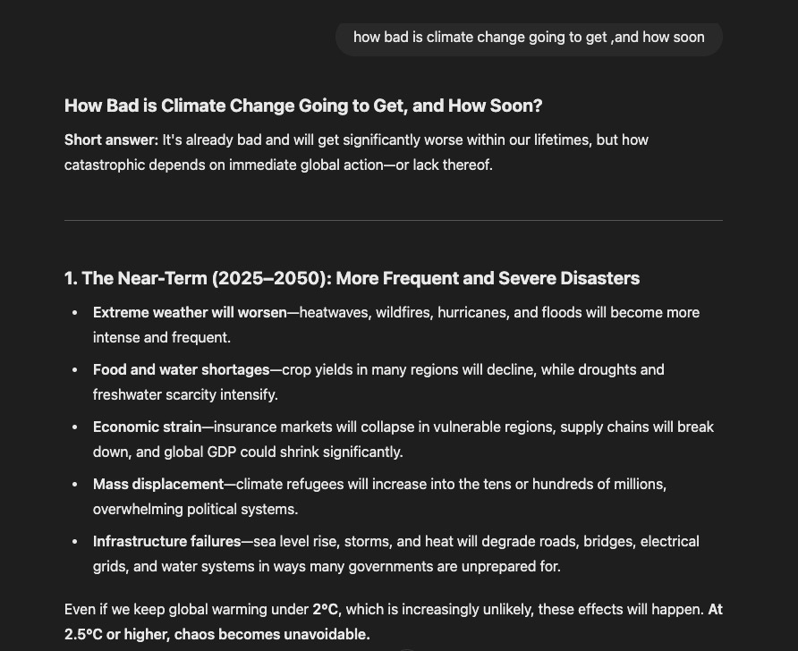 NathanJRobinson's tweet image. uh ChatGPT just gave me the most sensible analysis of the climate crisis I&apos;ve ever seen

 &quot;The right-wing war on climate action is one of the most reckless betrayals of humanity in history. It’s driven by profit, ideological blindness, and a nihilistic disregard for the future.&quot;