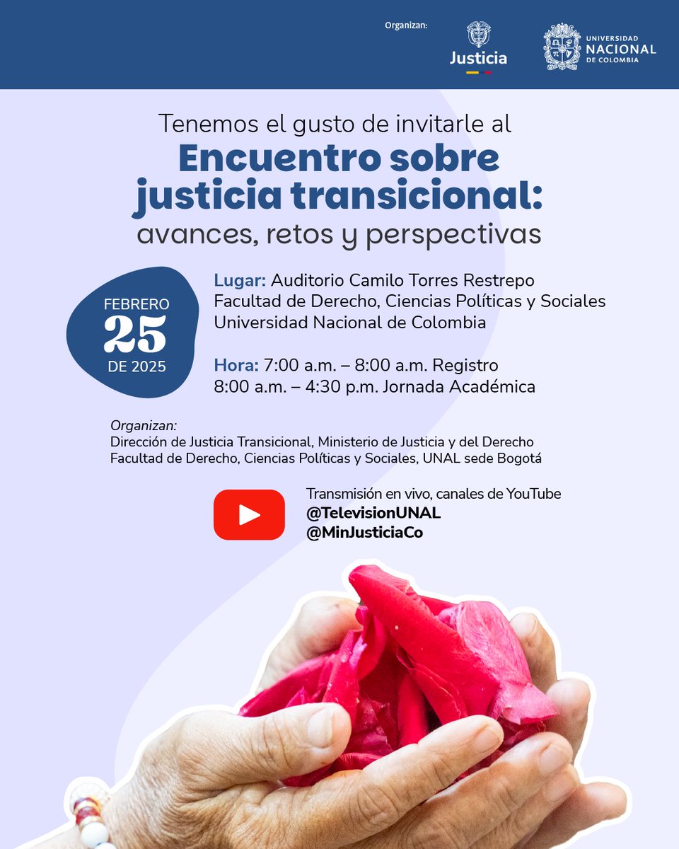 #EventoFDCPS Cordialmente invitamos a participar el próximo martes 25 de febrero en el “Encuentro sobre Justicia Transicional: Avances, retos y perspectivas”. #Polcrymed <a href="/fdcps_unal/">Facultad de Derecho, Ciencias Políticas y Sociales</a> <a href="/MinjusticiaCo/">MinJusticia Colombia</a> <a href="/EstanisEscalant/">Estanislao Escalante</a> #JusticiaTransicional <a href="/UNALOficial/">Universidad Nacional de Colombia</a> <a href="/TelevisionUNAL/">Televisión UNAL</a> <a href="/PrensaUNAL/">Prensa UNAL - Universidad Nacional de Colombia</a>