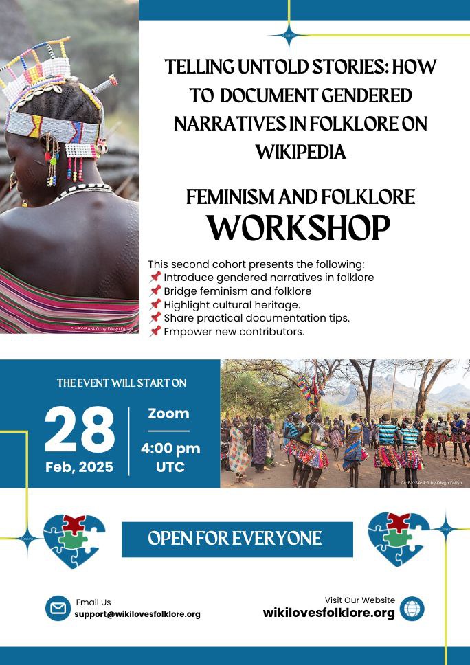 📢 Exciting Announcement! 🎉

Join us for the next Feminism and Folklore Advocacy Campaign as we dive into:
💡 Telling Untold Stories: How to Document Gendered Narratives in Folklore on Wikipedia

📅 Date: Feb 28, 2025
⏰ Time: 04:00 PM Universal Time UTC

This session will equip