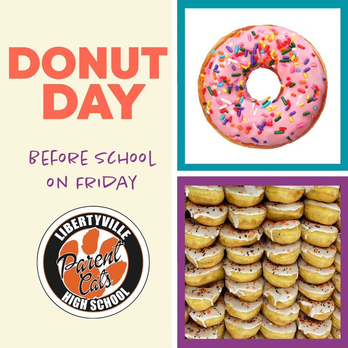 "Attention Wildcats! 🍩 Start your day off right—come to school a few minutes early tomorrow and grab a FREE donut! Don’t miss out!"