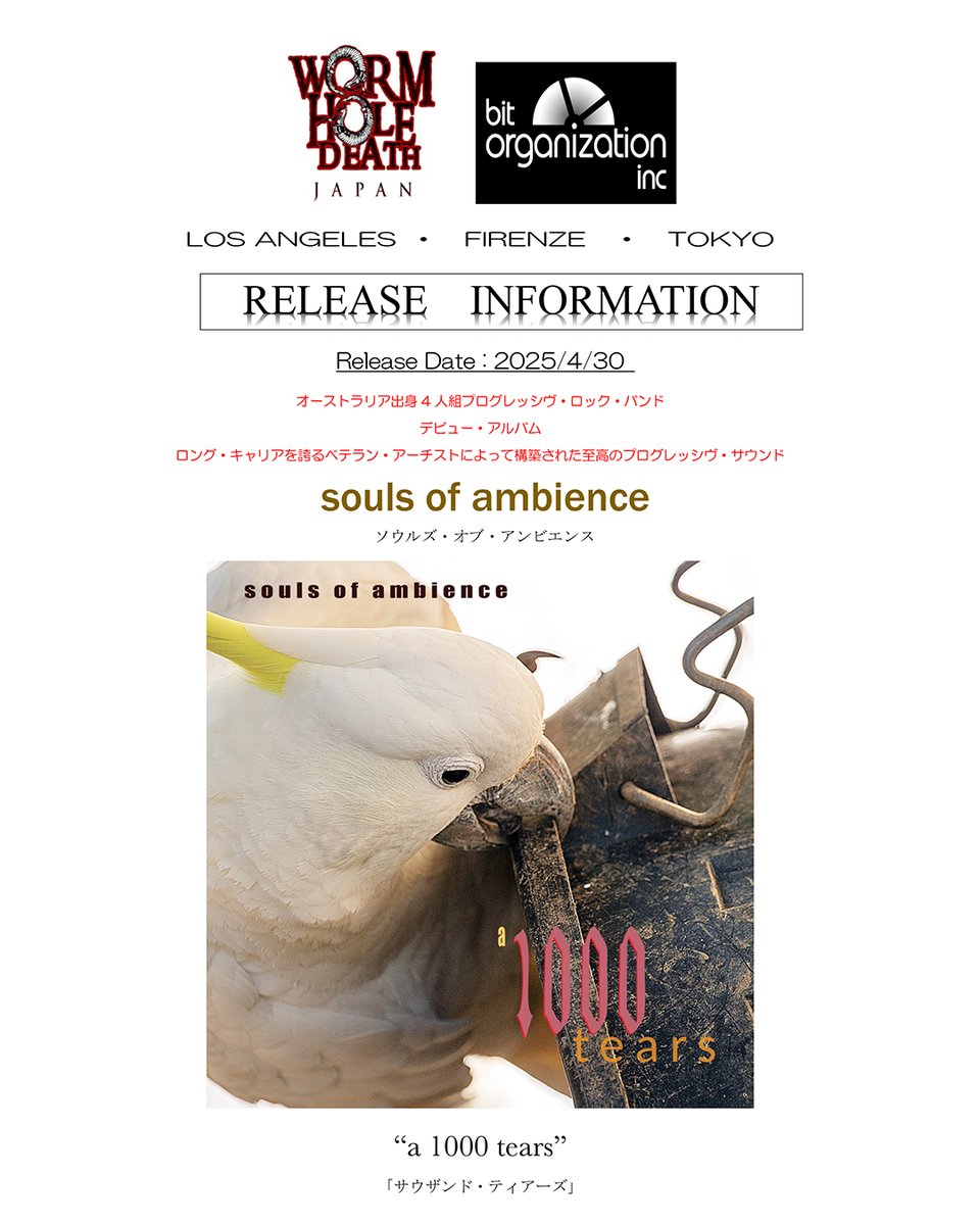 soulsofambience's tweet photo. Great news! 'A 1000 Tears' CD has been confirmed for release in Japan on 30 April 2025. We are very excited and hope it will be well received by our Japanese friends.
#wormholedeathjapan #wormholedeath #soulsofambience #bitorganizationinc https://t.co/qjlpqDKSZi