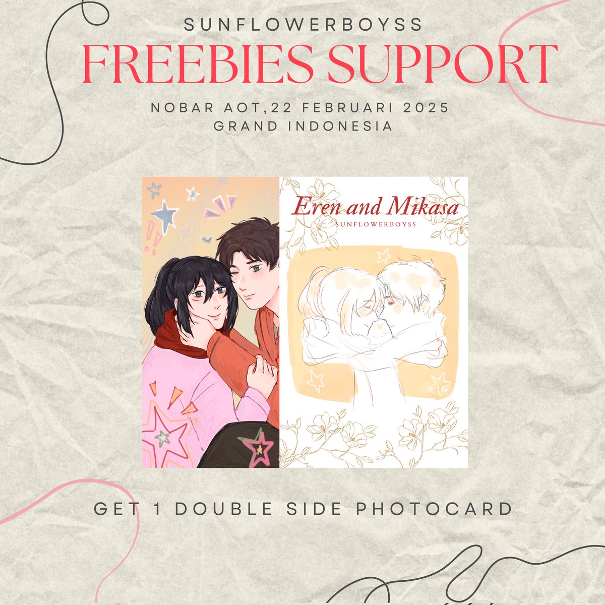 sunflowerboyss's tweet image. ❤️HELP RT ❤️
💚Freebies Support Nobar AOT💚
Just say hi ke aku nanti saat di vanue, info lokasi dan jam nanti aku reply di tweet ini, hope eremika stan will happy with this freebies 🥹🩷
Yang mau trade freebies boleh reply atau dm saja 🩷
#TheLastSalute #NobarAOT_Jakarta