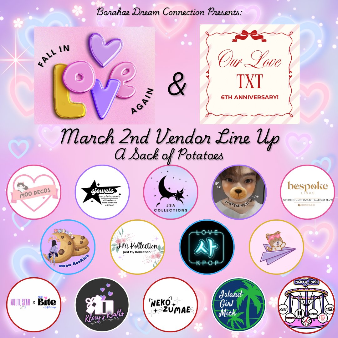 BdcgEvents's tweet image. Here's our lovely vendor lineup for next week! Hope to see you at the event.

#FallinLoveAgainCV
#FallinLoveAgainSJ
#OurLovrTXT