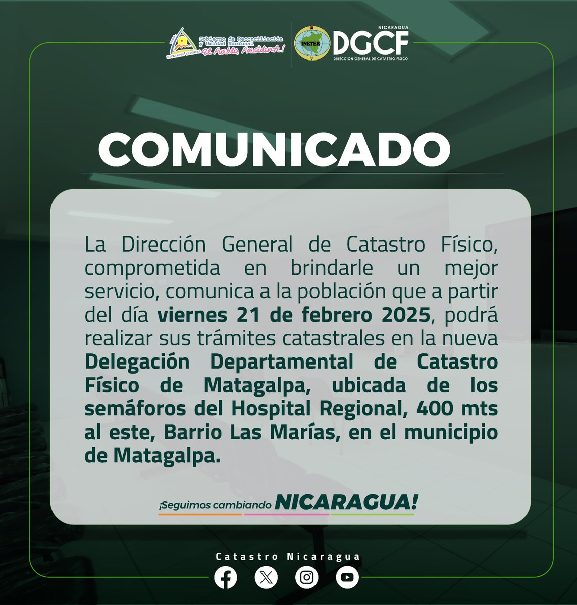 #NicaraguaEnRevolución ¡Grandes noticias para nuestro pueblo! 🥳 

Estamos emocionados de anunciar la próxima apertura de la Delegación Departamental de Catastro Físico de Matagalpa 🏢. 

#SandinoLuzYVerdad #Nicaragua #catastronicaragua