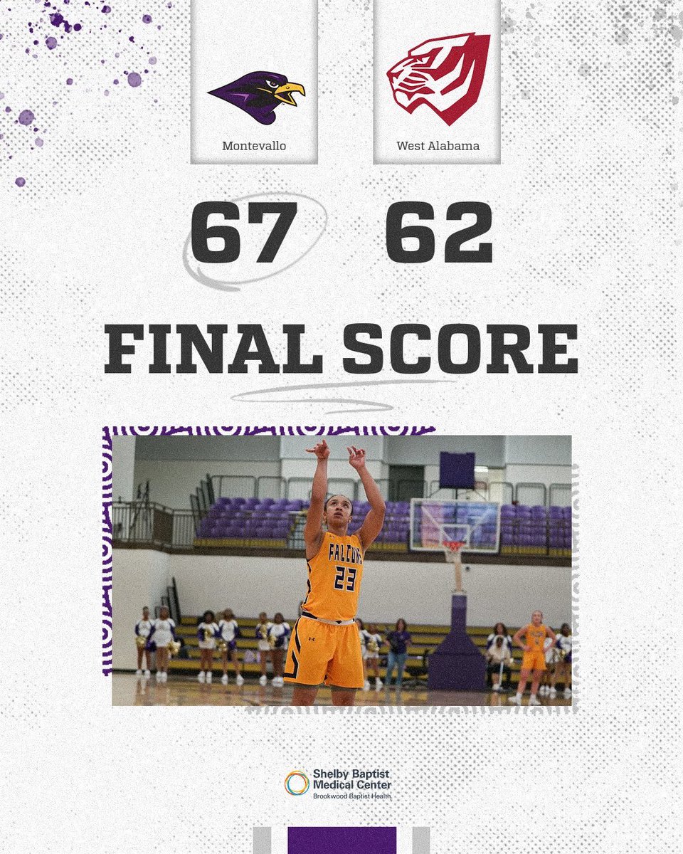 MontevalloWBB's tweet photo. .#FALCONSWIN ‼️

Montevallo defeats in-state foe West Alabama, 67-62! Elisa Saffold leads the way with 21 points, while Aubrey Sorrells adds 12 &amp; Julia Susla scores nine.

#TogetherWeRise | #WhataburgerWin https://t.co/zrCO1dar0H