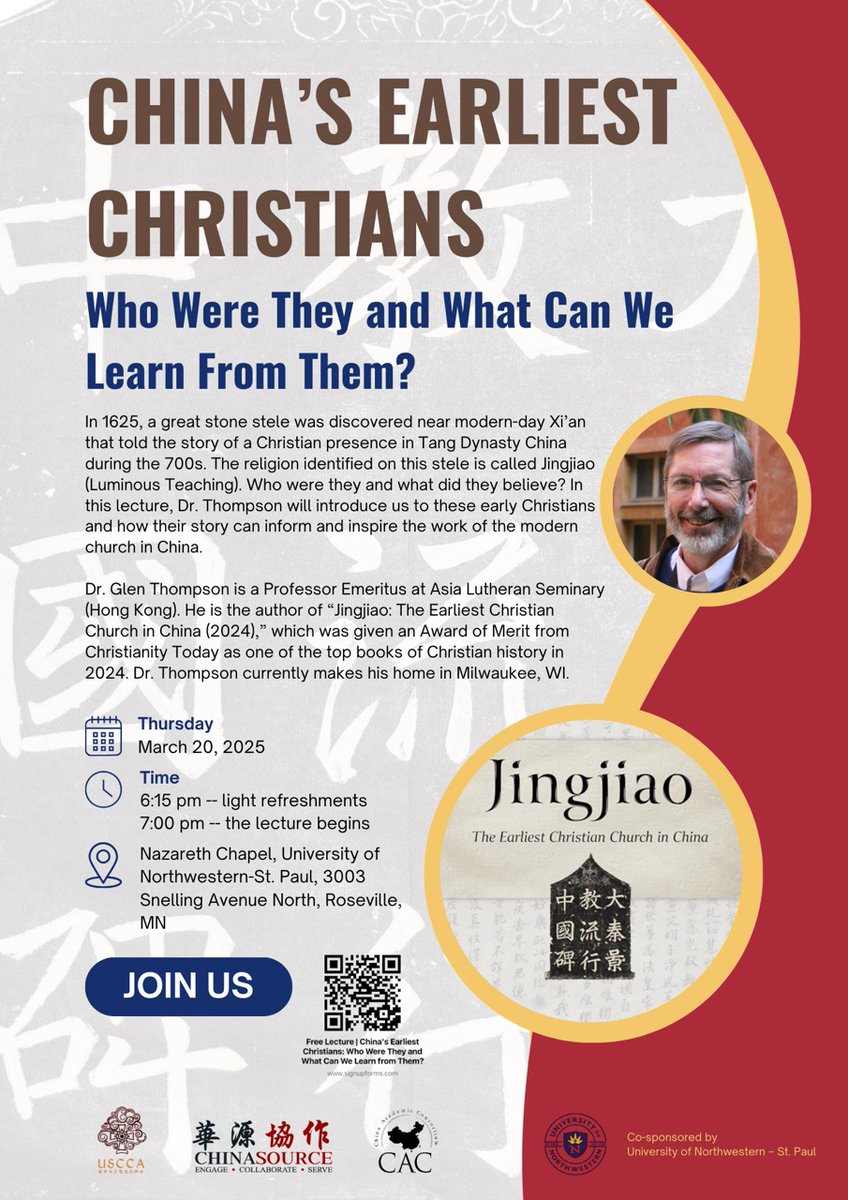📢 Join us for a thought-provoking lecture!

📖 China’s Earliest Christians: Who Were They &amp; What Can We Learn?
🎤 Dr. Glen Thompson
📍 Nazareth Chapel, University of Northwestern-St. Paul
🗓 March 20, 2025 | ⏰ 6:15 PM Refreshments | 7:00 PM Lecture

🎟 Free &amp; open to all!