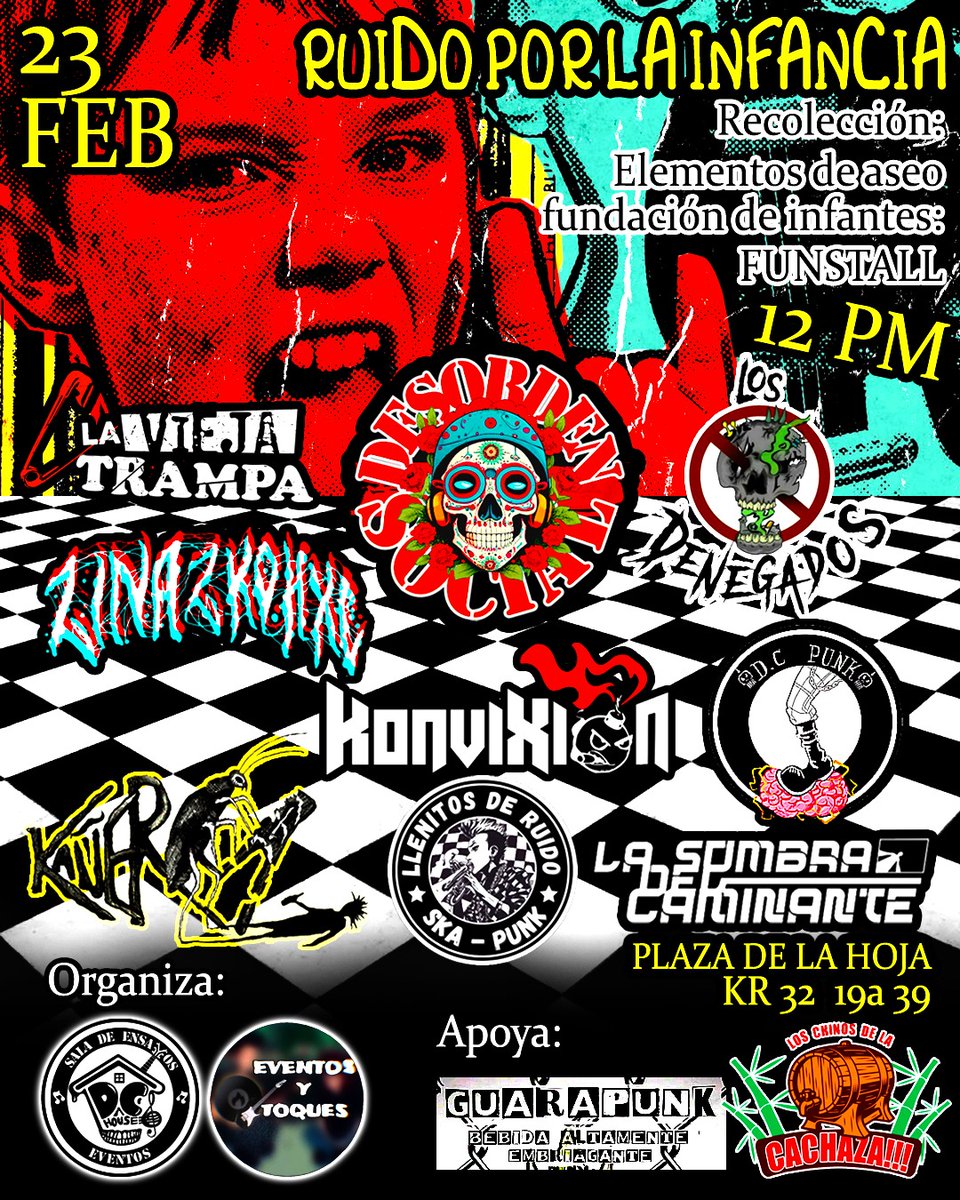 Próximo 23 de Febrero en La Plaza de La Hoja #RuidoPorLaInfancia 
Entrada Libre, aporte de un elemento de aseo para la fundación #FUNSTALL

Desde las 12:00 pm