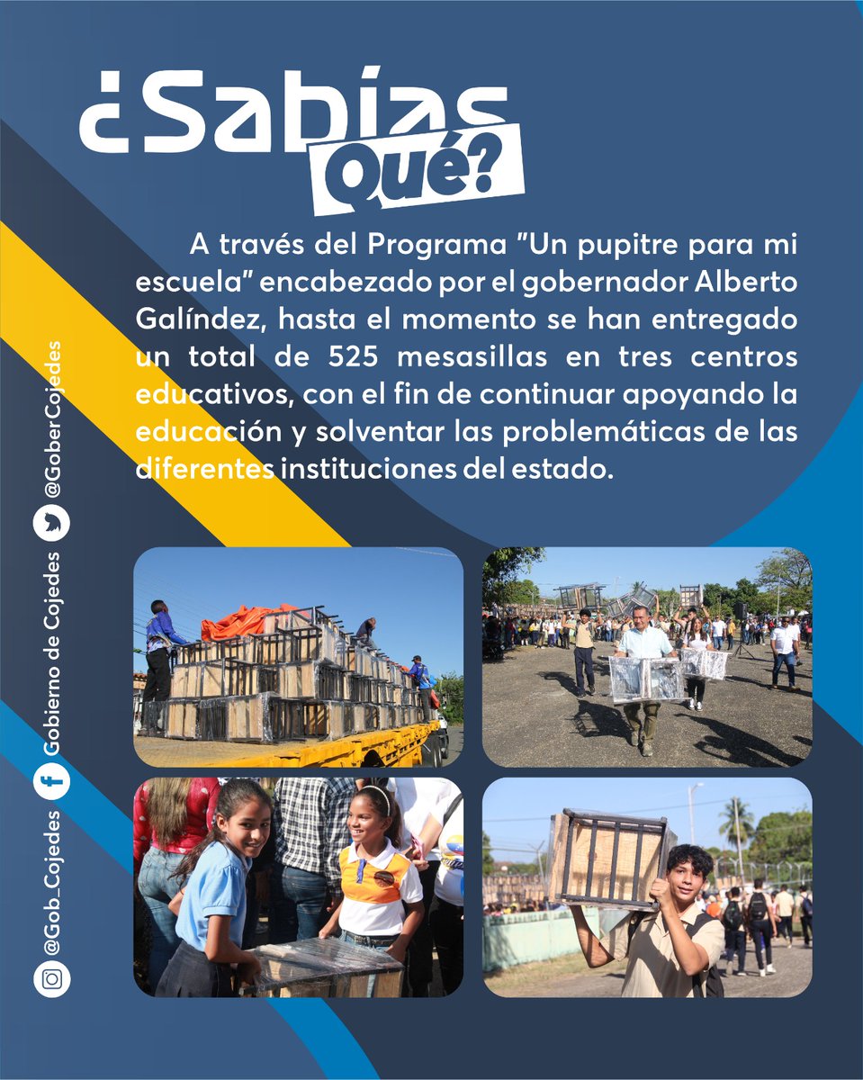 Gobercojedes's tweet photo. #SabíasQué 👀 || A través del Programa "Un pupitre para mi escuela" encabezado por el gobernador @albertogalindez hasta el momento se han entregado un total de 525 mesasillas en tres centros educativos, con el fin de continuar apoyando la educación. https://t.co/e6zV0Ks5q0