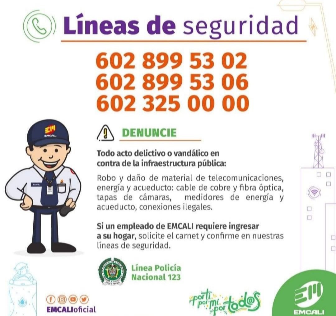 Gracias al trabajo en equipo de  la Comunidad ,la <a href="/PoliciaCali/">Policía Metropolitana Santiago de Cali</a>,  la Seguridad Privada de  <a href="/Seguridad_Atlas/">Grupo Atlas</a> y seguridad <a href="/EMCALIoficial/">EMCALI 🇨🇴</a> se continúa en la protección de la infraestructura de SSPP.Invitamos a seguir denunciando a las líneas de Seg
<a href="/AlcaldiaDeCali/">Alcaldía de Cali</a> <a href="/SeguridadCali/">Seguridad y Justicia</a>