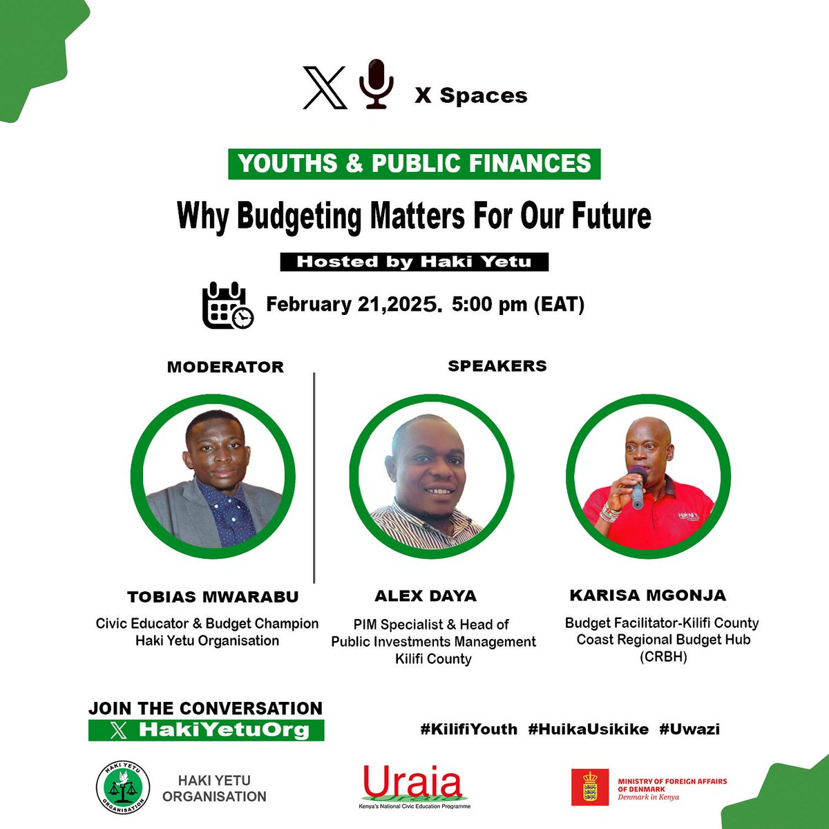 Danny_Gonah's tweet photo. Time to talk about Youth & Public Finances. Why Budgeting Matters for Our Future is today's topic. Let's purpose to join the space at 5:00pm EAT
#KilifiYouth #Uwazi https://t.co/DEblfLSYAq