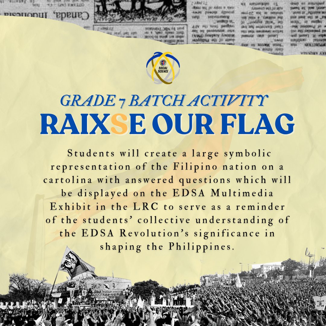 XavierHSLRC's tweet photo. We are officially launching the batch activities as part of the Truth, Justice, Democracy: EDSA Lives On commemoration week from February 21-28, 2025. 🇵🇭
💛 Embody the spirit of the 1986 EDSA People Power Revolution! ✨

#TruthJusticeDemocracy
#EDSALivesOn
#1986EDSAPeoplePower https://t.co/5CxtFKrNM4